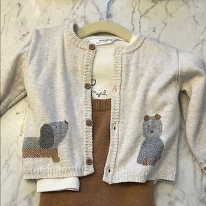 NWOT Mayoral Cream Knit Cardigan and Knit Overall. Three piece set